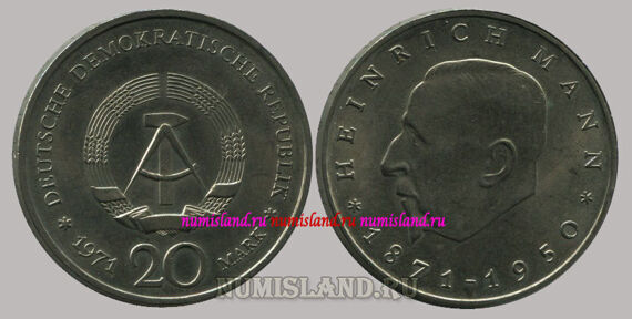 ГДР 20 марок 1971 UNC Генрих Манн